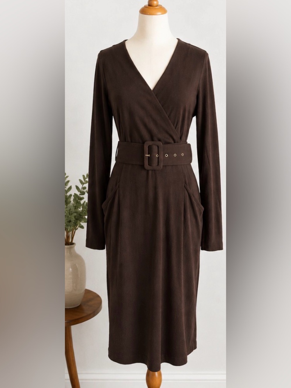 [Anne Klein] Brown Faux Wrap Stretch Dress Size Small